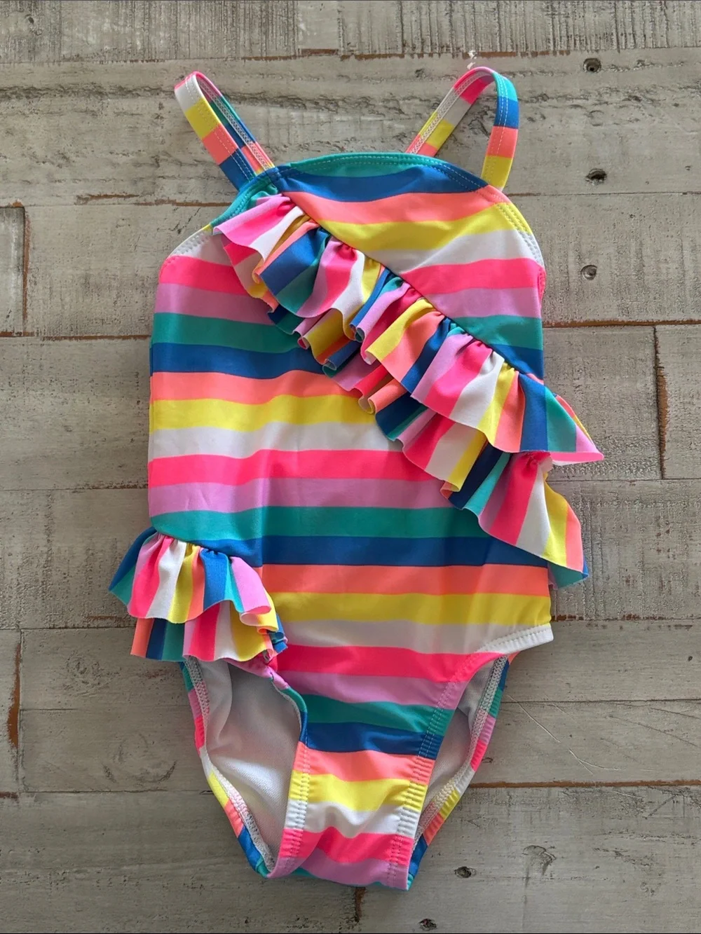 Cat & Jack Neon Stripe Ruffle One-Piece Swimsuit - Pink, Yellow, Blue, Green